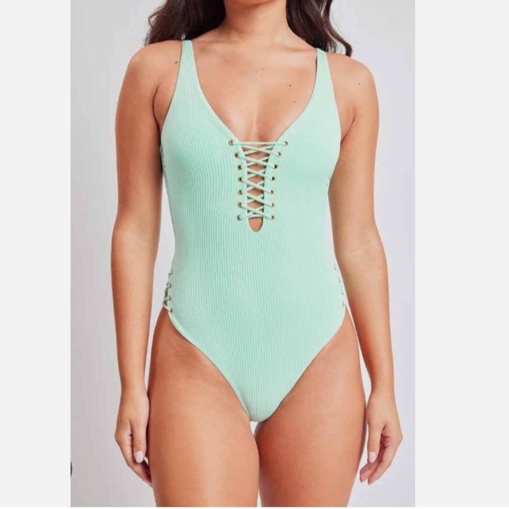 NWT YMI Chasing Waterfalls Lace Up Ribbed 1 Piece Swimsuit Aqua Small